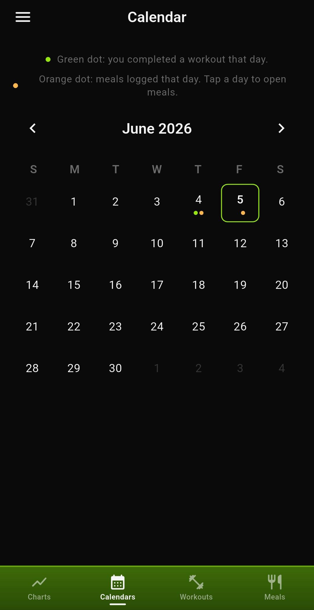 PumpReps training calendar screenshot